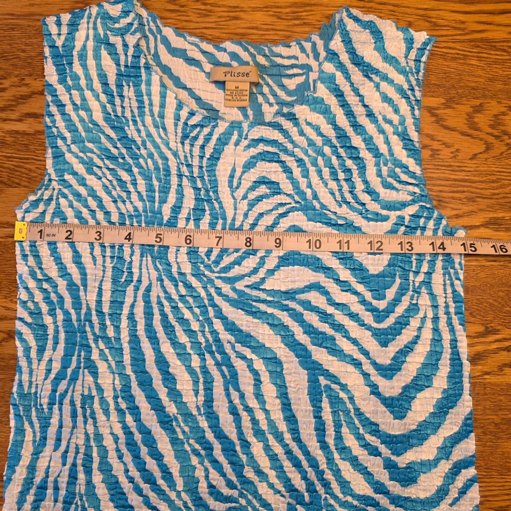 Vintage Plisse M Stretch Teal Animal Zebra Crepe Crinkle Textured Tank 90s Y2K - Picture 7 of 9